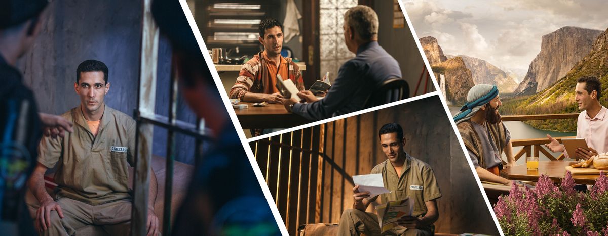 Колаж: ув’язнений брат роздумує над тим, як Єгова допомагав і продовжує допомагати йому. 1. Він вивчає Біблію з братом. На столі попільничка і сигарети. 2. Він читає лист у своїй камері. 3. Він навчає воскреслого ізраїльтянина в Раю.