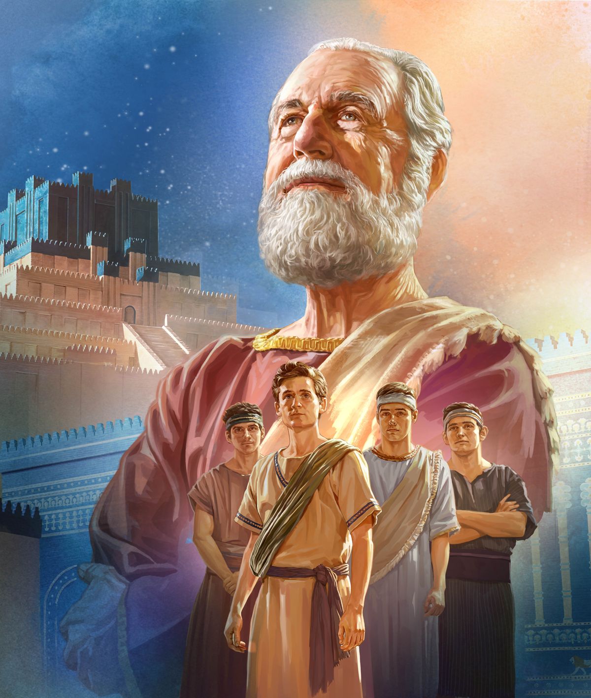 Колаж: 1) Пророк Даниїл у похилому віці. 2) Стародавнє місто Вавилон. 3) Молодий Даниїл і троє його друзів.