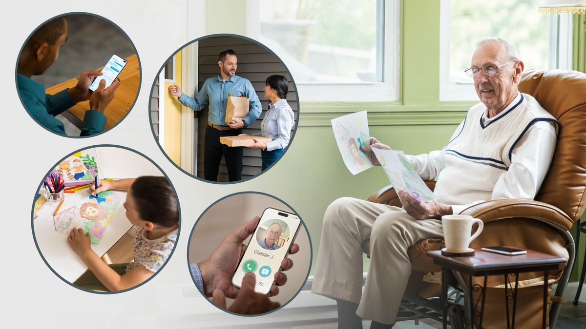 Колаж: як одновірці підтримують брата похилого віку. 1. Він розглядає малюнки, які йому подарували діти. 2. Брат надсилає йому повідомлення. 3. Подружжя приносить йому пакет з продуктами і піцу. 4. Брат йому телефонує. 5. Дівчинка малює для нього лева в раю.