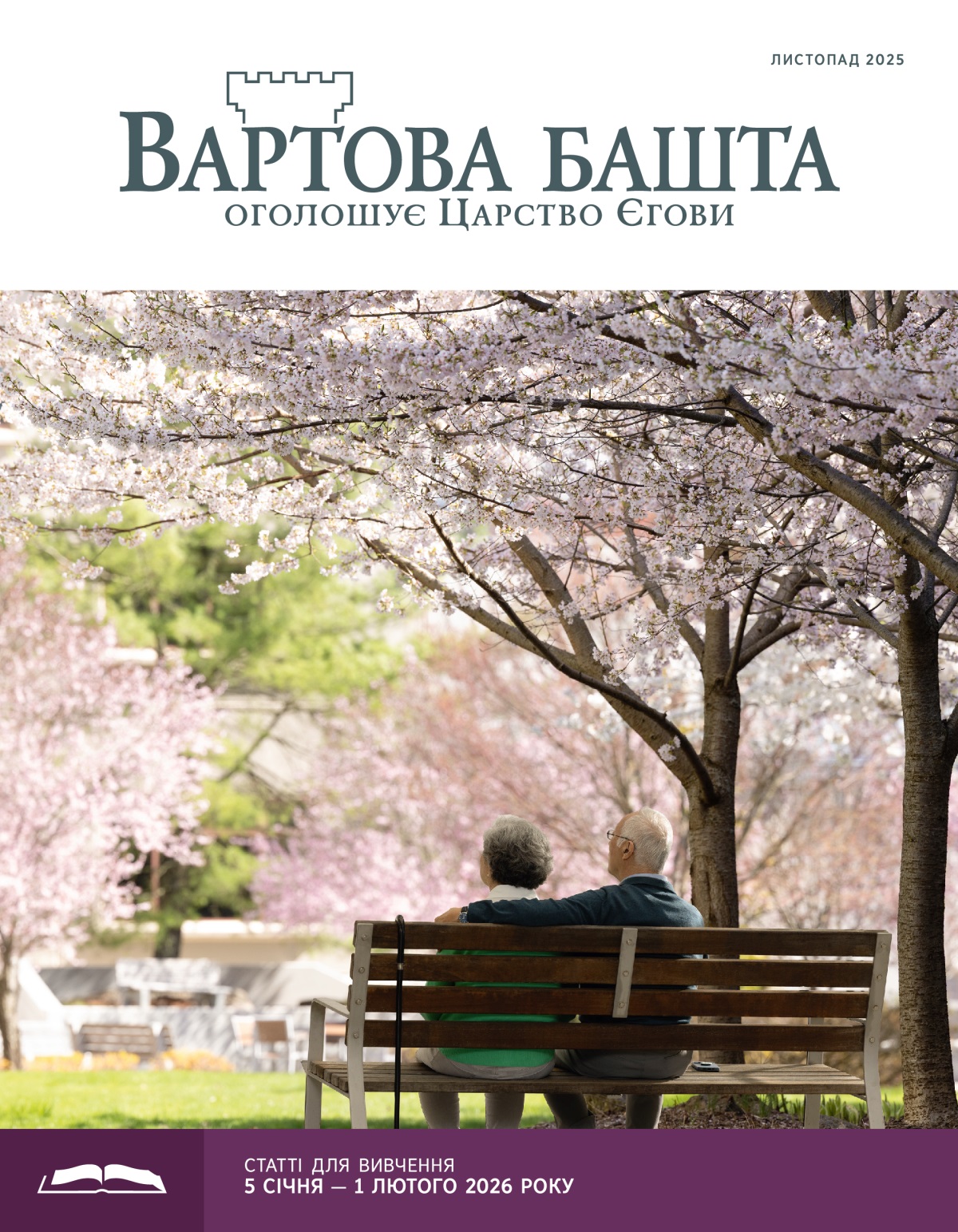 Подружжя літнього віку сидить на лавочці під квітучою сакурою.