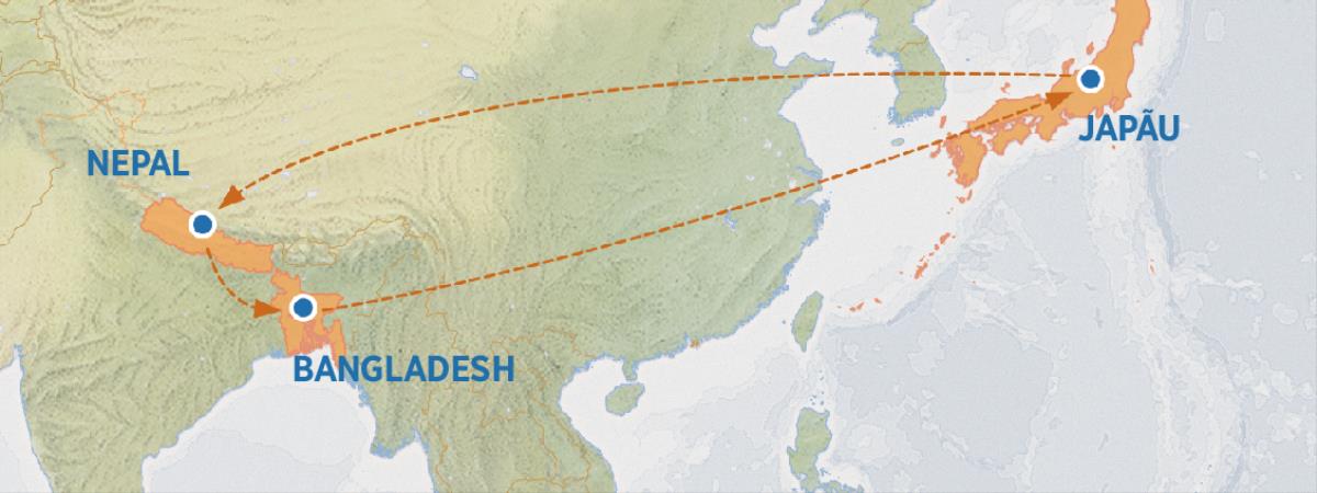 O mapa yimue yi lekisa ungende oku enda kofeka yo Japãu, ko Nepal, ko Bangladesh, kuenda oku tiukila ko Japãu
