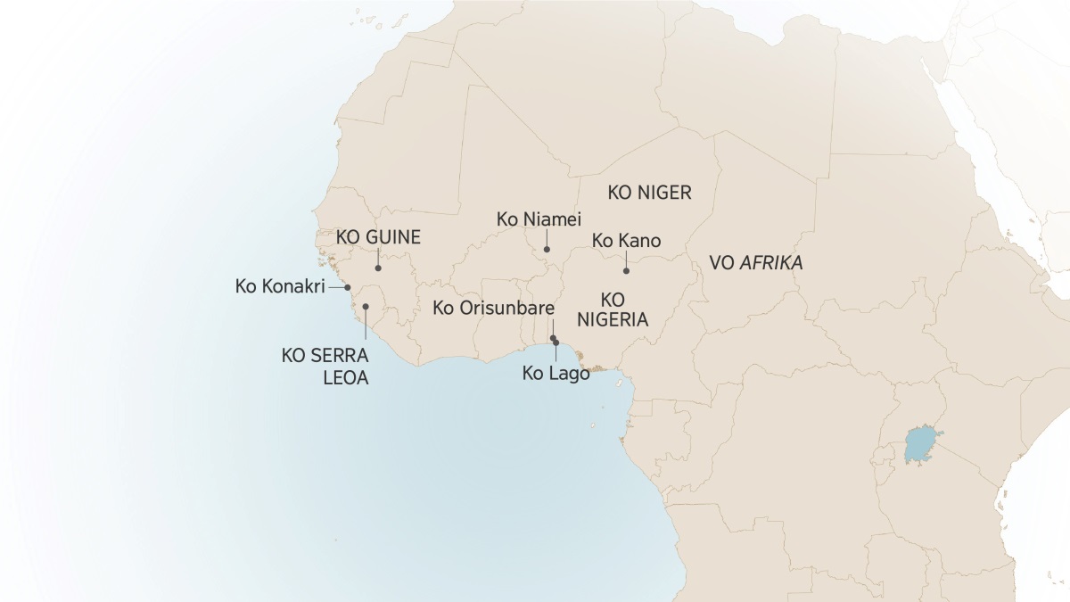 Omapa yimue yoku takelo wo Afrika, yi lekisa ovitumãlo kuna manji Israel Itajobi a kala kuenda a talavaya: Ko Konakri, ko Guine; ko Serra Leoa; ko Niamei, ko Niger; ko Kano, ko Orisunbare, ko Lago kuenda ko Nigeria.