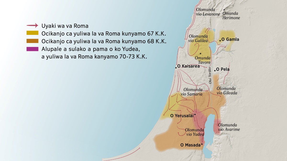 Omapa yi lekisa olomunda vimue kuenda alupale o ko Isareli vokuenda kuocita catate. Konano yo Yerusalãi ku sangiwa olomunda ndeci, omunda yo Levanone, yo Galilea, yo Samaria kuenda yo Gileada oku kongelamo o Munda Herimone Lomunda Tavore. Alupale o konano o Yerusalãi ya-a o Gamla, o kaisarea, kuenda o Pela. Kombuelo yo Yerusalãi ku sangiwa olomunda ndeci, vio Yudea kuenda vio Avarime, oku kongelamo olupale luo Masada. Handi vali, o mapa yi lekisavo ovitumãlo va Roma va yula kuenda Ovikanjo va Yudea va pumba oku upisa kunyamo 67 K.K toke 73 K.K.