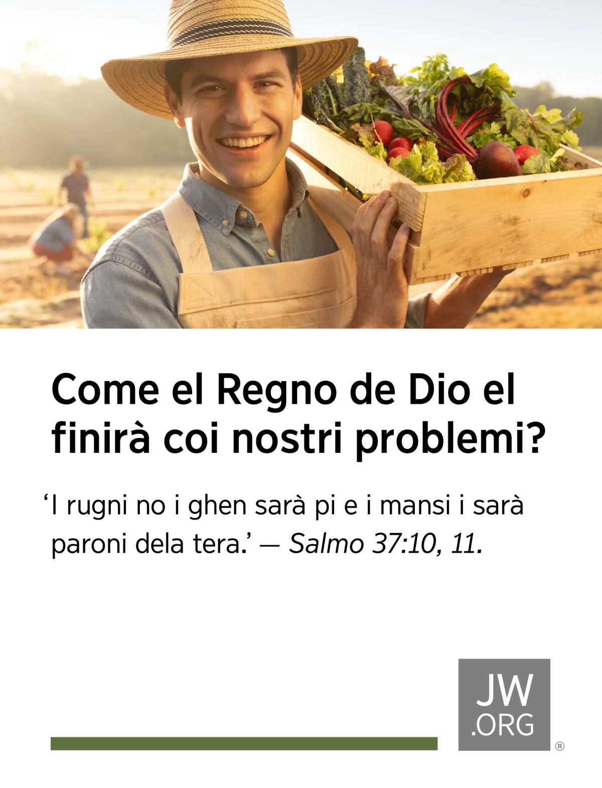Un colono contento el porta nele spale una cassa de verdure.