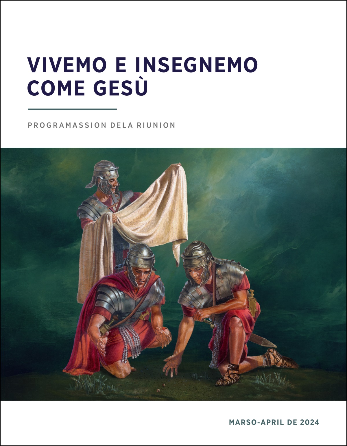 Un soldado romano el varda le robe de Gesù e altri due soldadi i tira la sorte sora le so robe de vestir.