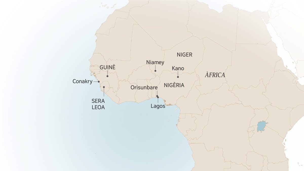Un mapa che el mostra el oeste dela Àfrica ndove el fradel Israel Itajobi el ga servio: Conakry, Guinè; Sera Leoa; Niamey, Niger; Kano, Orisunbare, and Lagos, Nigèria.