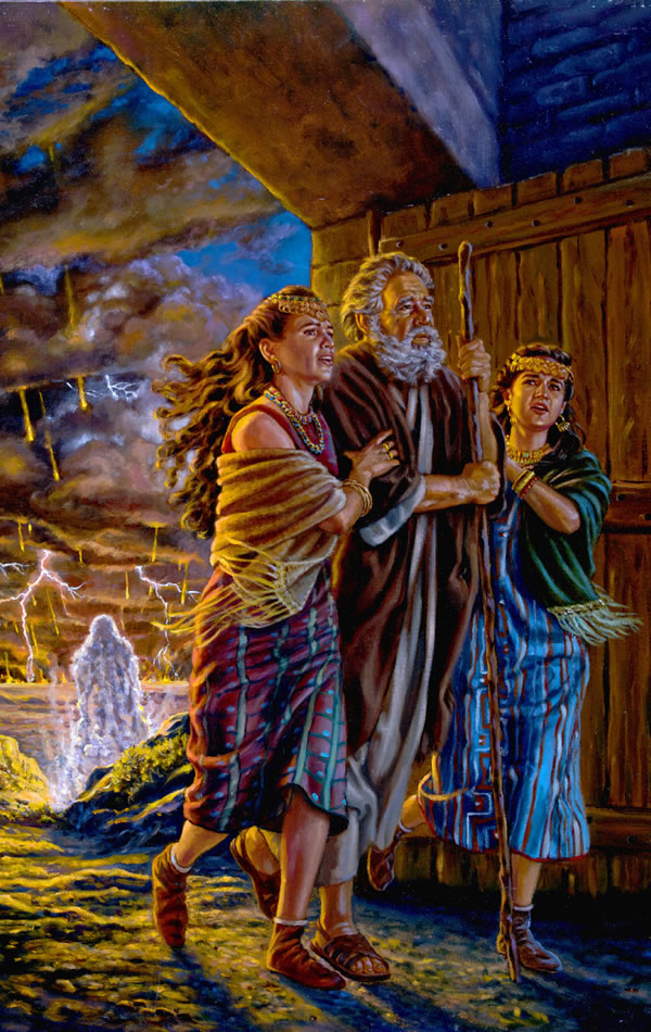 Lót và hai con gái ông đến thành Xoa an toàn trong khi lửa và diêm sinh đang trút xuống Sô-đôm và Gô-mô-rơ. Phía sau là vợ của Lót, là người đã biến thành tượng muối.