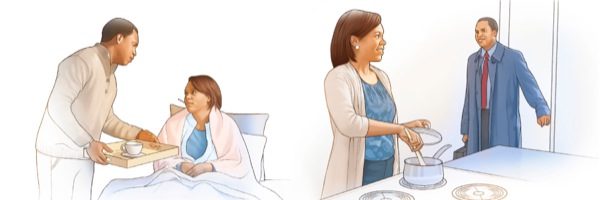 Người chồng mang cho vợ một ly nước nóng; người chồng đi làm về và thấy vợ đang nấu ăn