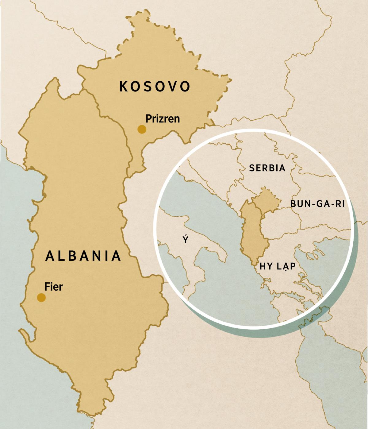 Bản đồ Kosovo (phần chấm là Prizren) và Albania (phần chấm là Fier). Hình nhỏ bên trong là các quốc gia láng giềng gồm Ý, Serbia, Bun-ga-ri và Hy Lạp.
