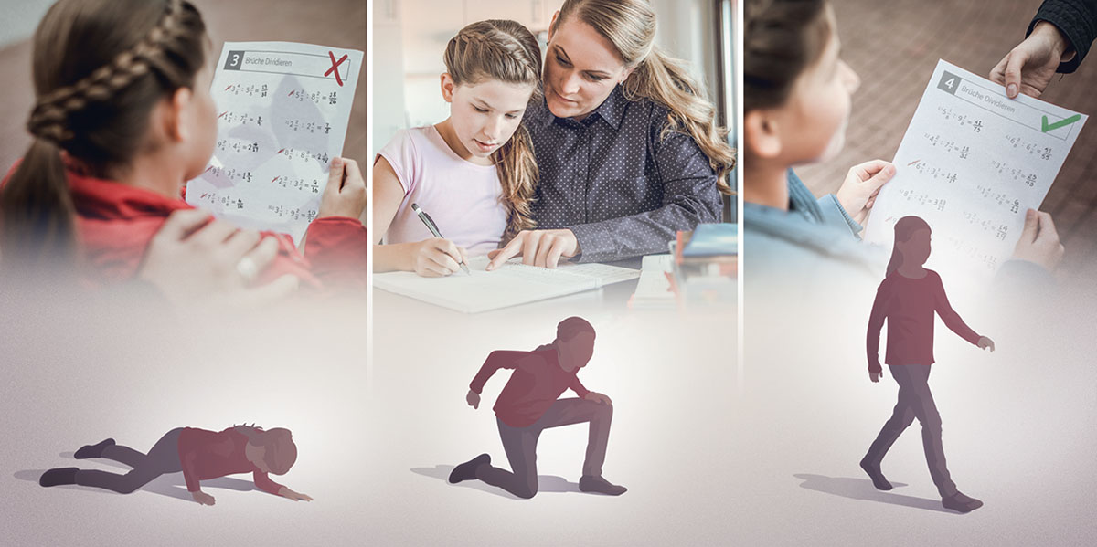 Một em gái được giúp đỡ từng bước để đứng dậy sau khi bị điểm kém