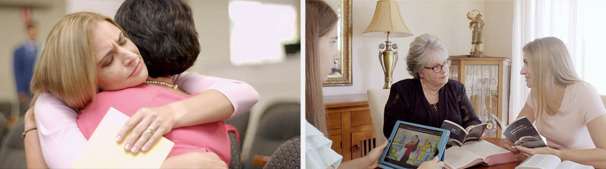 Hình ghép: Các cảnh trong video ‘Can đảm nhờ hy vọng sống lại!’. 1. Một chị an ủi chị Veronica tại buổi nhóm họp một ngày sau khi Phelicity qua đời. 2. Chị Veronica cùng một con gái dùng Kinh Thánh để an ủi một phụ nữ.