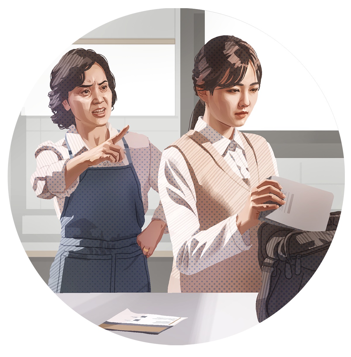 Người phụ nữ ấy đang cho Kinh Thánh vào túi xách trong khi mẹ chị la mắng.