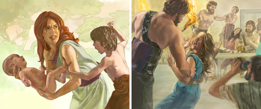 Một phụ nữ ẵm đứa trẻ, cùng lúc đó một cậu bé đánh bà; người Nê-phi-lim, là con trai của ác thần, hành động hung bạo