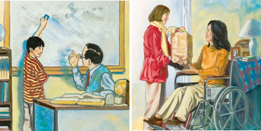 Một cậu bé lau bảng cho thầy giáo; một bé gái mang túi đồ cho một phụ nữ ngồi xe lăn