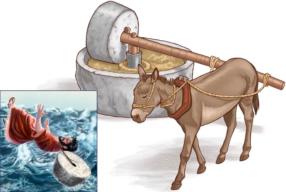 Một cối đá do lừa kéo; một người bị tròng cối đá vào cổ và bị quăng xuống biển