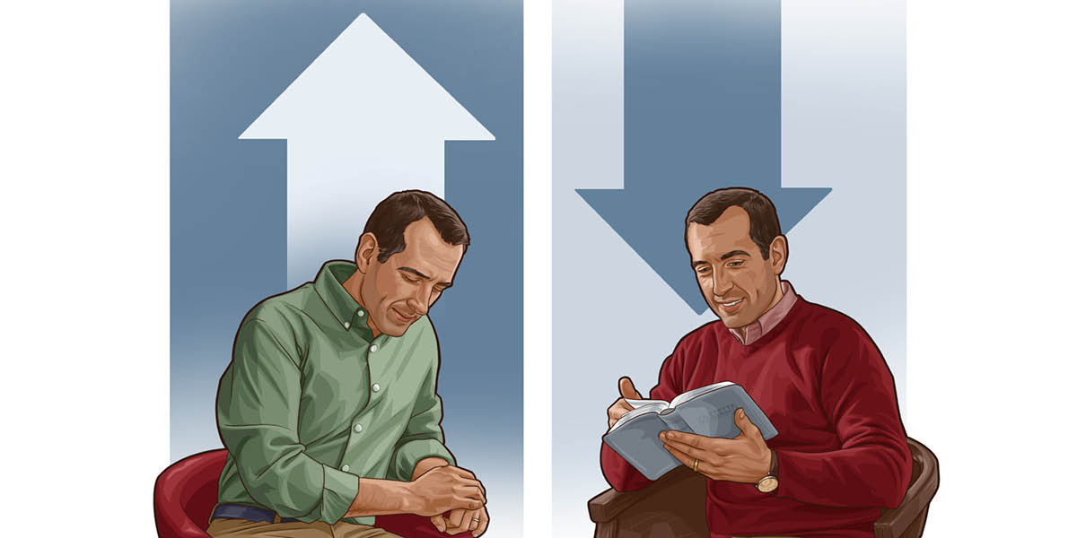 Hình ghép: Một anh củng cố mối quan hệ với Đức Giê-hô-va. 1. Anh cầu nguyện. Hình mũi tên chỉ phía trên. 2. Anh đọc Kinh Thánh. Hình mũi tên chỉ phía dưới.