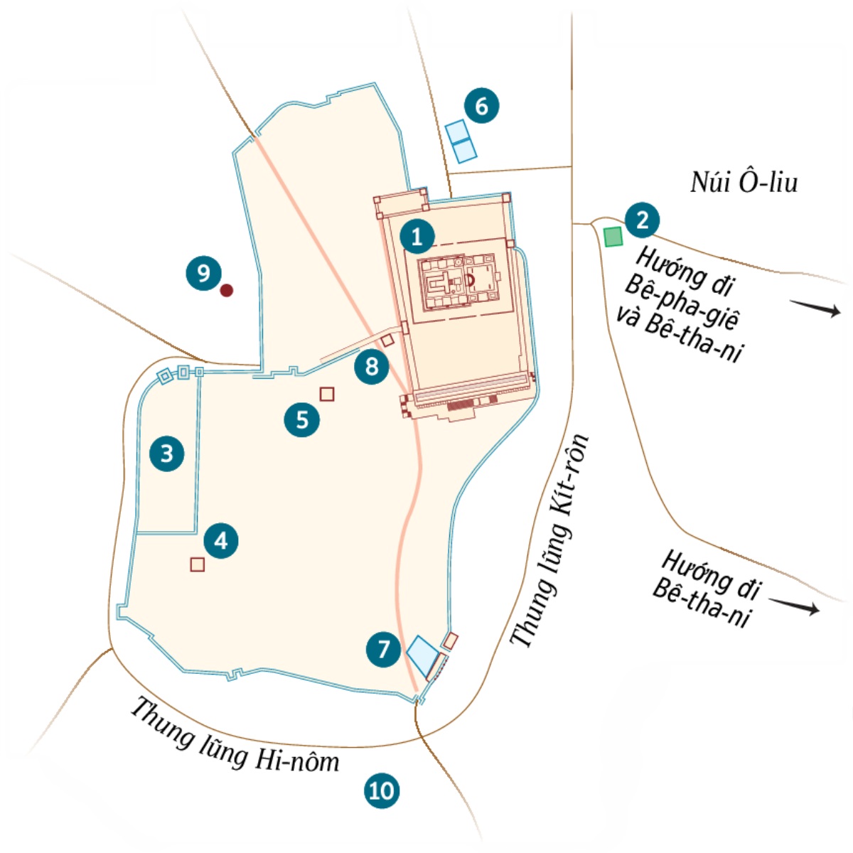 Bản đồ của thành Giê-ru-sa-lem và vùng phụ cận. Liệt kê những địa điểm biết chắc chắn và những địa điểm không biết chắc chắn. 1. Đền thờ. 2. Vườn Ghết-sê-ma-nê. 3. Dinh quan tổng đốc. 4. Nhà Cai-pha. 5. Dinh Hê-rốt An-ti-ba. 6. Hồ Bết-da-tha. 7. Hồ Si-lô-am. 8. Tòa Tối Cao. 9. Gô-gô-tha. 10. A-ken-đa-ma.