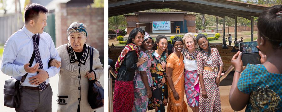 Hình ghép: Một đoàn thể anh em quốc tế yêu thương nhau. 1. Một anh trẻ để tay cho một chị lớn tuổi khoác lên khi đi thánh chức cùng nhau. 2. Các chị thuộc nhiều chủng tộc đang tạo dáng chụp ảnh chung với nhau tại hội nghị.