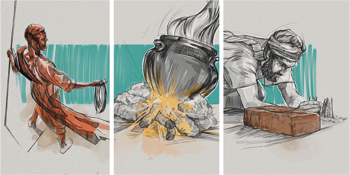 Hình ghép: Thông tin giúp hiểu lời tiên tri của Ê-xê-chi-ên. 1. Khải tượng: một người trông sáng loáng như đồng, cầm một dây thừng bằng sợi lanh và một cây sậy để đo. 2. Minh họa: chiếc nồi được đặt trên lửa. 3. Màn diễn xuất: Ê-xê-chi-ên xây tường bao vây viên gạch.