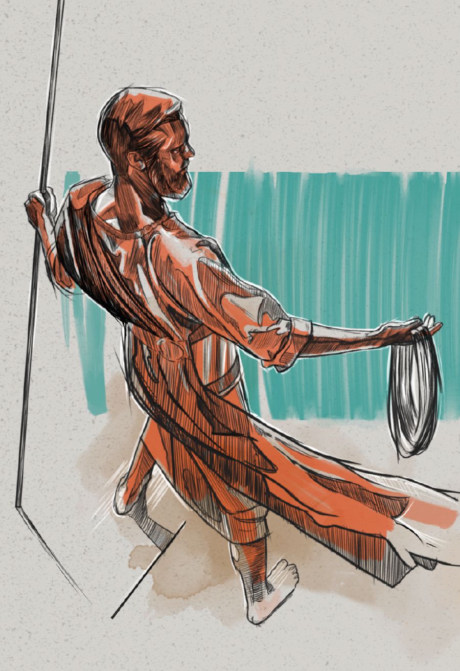 Một người trông sáng loáng như đồng, cầm một dây thừng bằng sợi lanh và một cây sậy để đo.