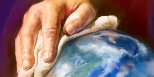 Tay của Chúa Giê-su cầm một cái khăn, như thể đang lau sạch trái đất