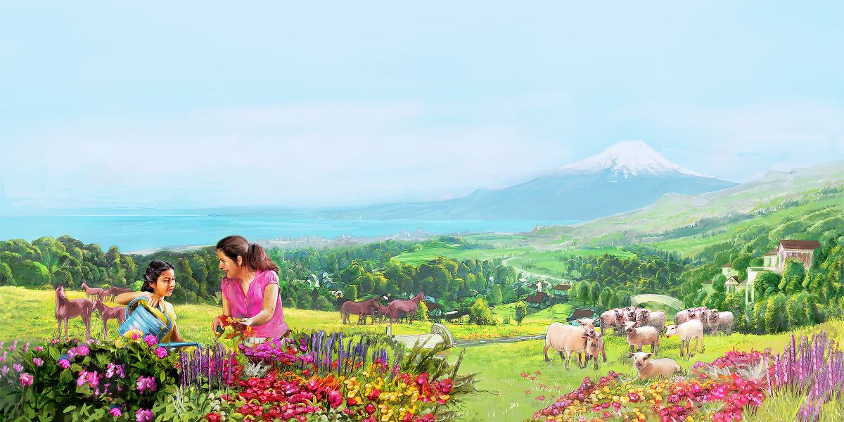 Một người mẹ và con gái tưới hoa trong địa đàng