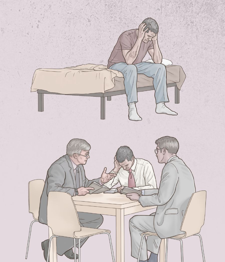 Một anh ngồi trên giường, đau khổ vì tội lỗi của mình, nhưng sau đó anh gặp hai trưởng lão