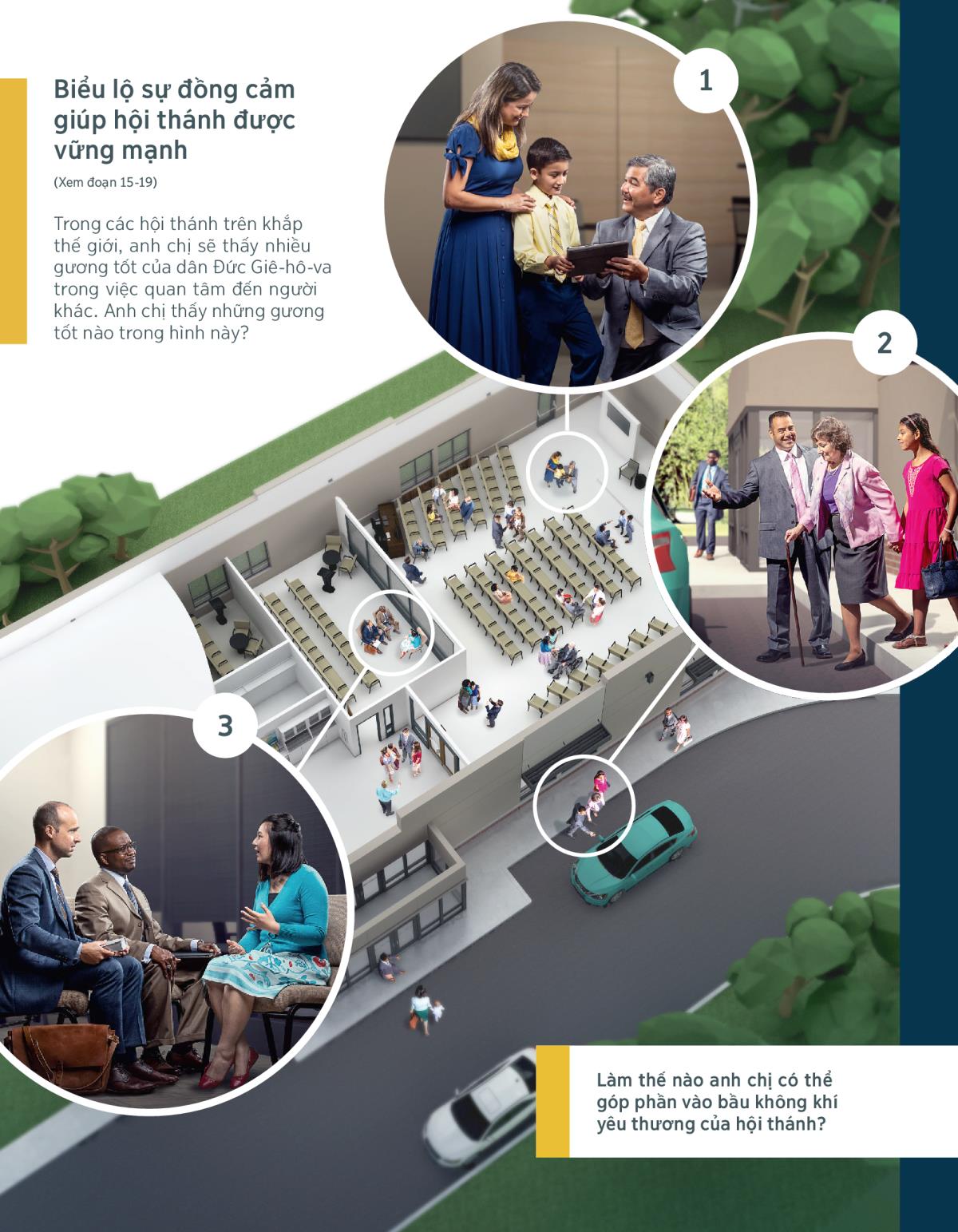 Một trưởng lão nói chuyện với một em trẻ và mẹ của em, người cha và con gái giúp một chị lớn tuổi đi ra xe, và hai trưởng lão chăm chú lắng nghe một chị