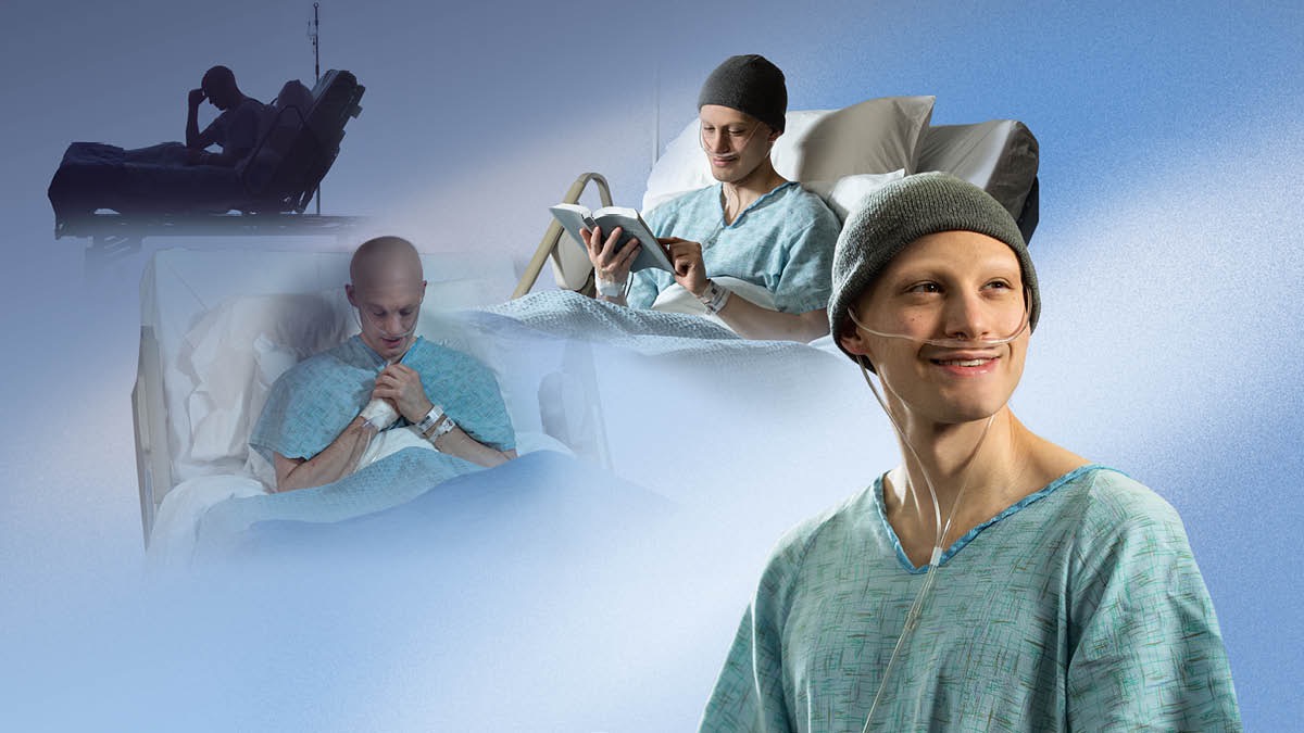 Hình ghép: Một anh cảm thấy buồn nản vì bị bệnh. 1. Anh ngồi trên giường bệnh, tay chống đầu. 2. Anh cầu nguyện. 3. Anh đọc Kinh Thánh. 4. Anh đang cười.