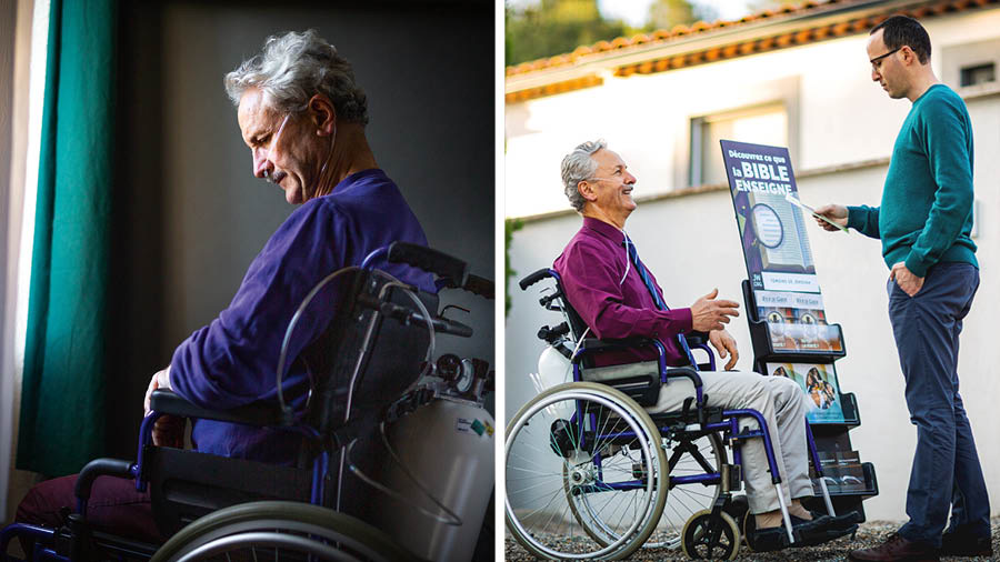 Hình ghép: 1. Một anh bị buồn nản ngồi trên xe lăn, anh phải thở bằng bình ô-xy. 2. Anh ấy vui vẻ nói chuyện với một người đàn ông trong lúc tham gia rao giảng bằng quầy di động.