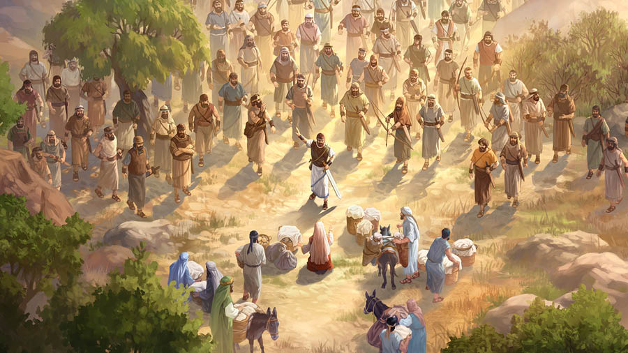 A-bi-ga-in quỳ trước Đa-vít và những người đi cùng được trang bị vũ khí. Các tôi tớ của bà để thực phẩm trước mặt họ.