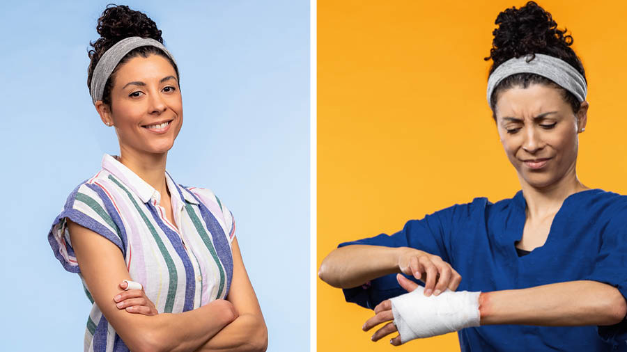 Hình ghép: 1. Một chị bị băng bó ở ngón tay nhưng vẫn vui vẻ. 2. Chị ấy tỏ vẻ bực bội khi cậy bàn tay được băng bó.