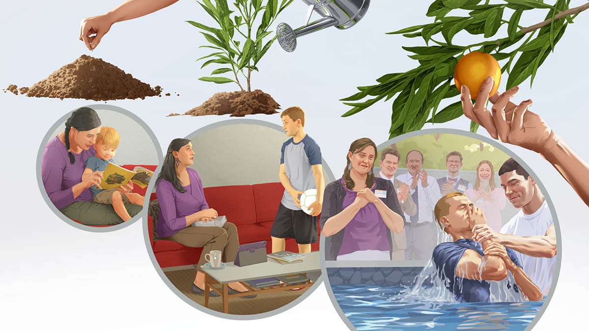 Hình ghép: Sự phát triển của một đứa trẻ về thiêng liêng được ví như sự phát triển của một cây. 1. Một người gieo hạt. Hình bên dưới cho thấy một người mẹ đọc sách “Bài học từ Kinh Thánh” cho con trai nhỏ nghe. 2. Một người tưới cây con. Hình bên dưới cho thấy người con trai, giờ đây sắp bước vào tuổi teen, đang cầm một quả bóng khi người mẹ chuẩn bị học Kinh Thánh với em. 3. Một người hái trái từ cây. Hình bên dưới cho thấy người con trai, giờ đây ở tuổi teen, chịu phép báp-têm và người mẹ chứng kiến, lòng đầy vui mừng.