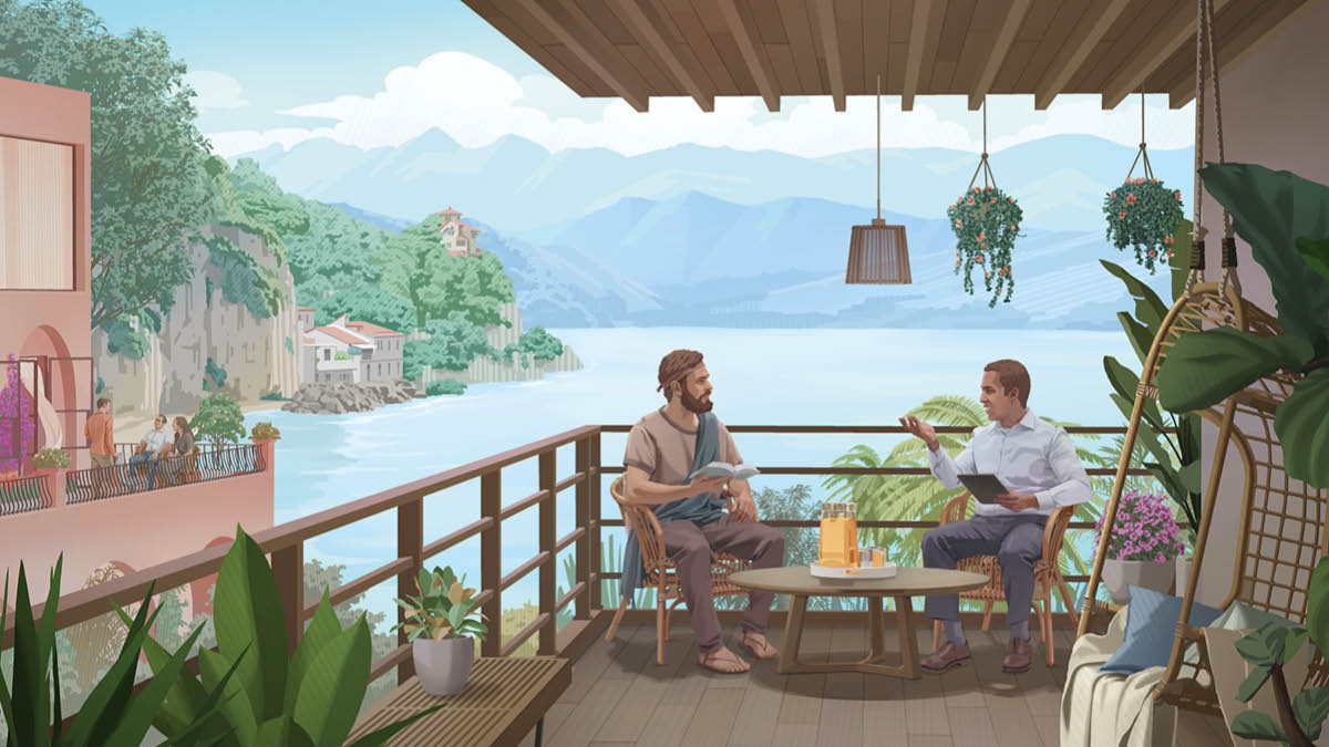 Anh lớn tuổi trong bài trước, giờ đây trẻ lại và ở trong địa đàng, đang dạy tên tội phạm bị xử tử bên cạnh Chúa Giê-su.