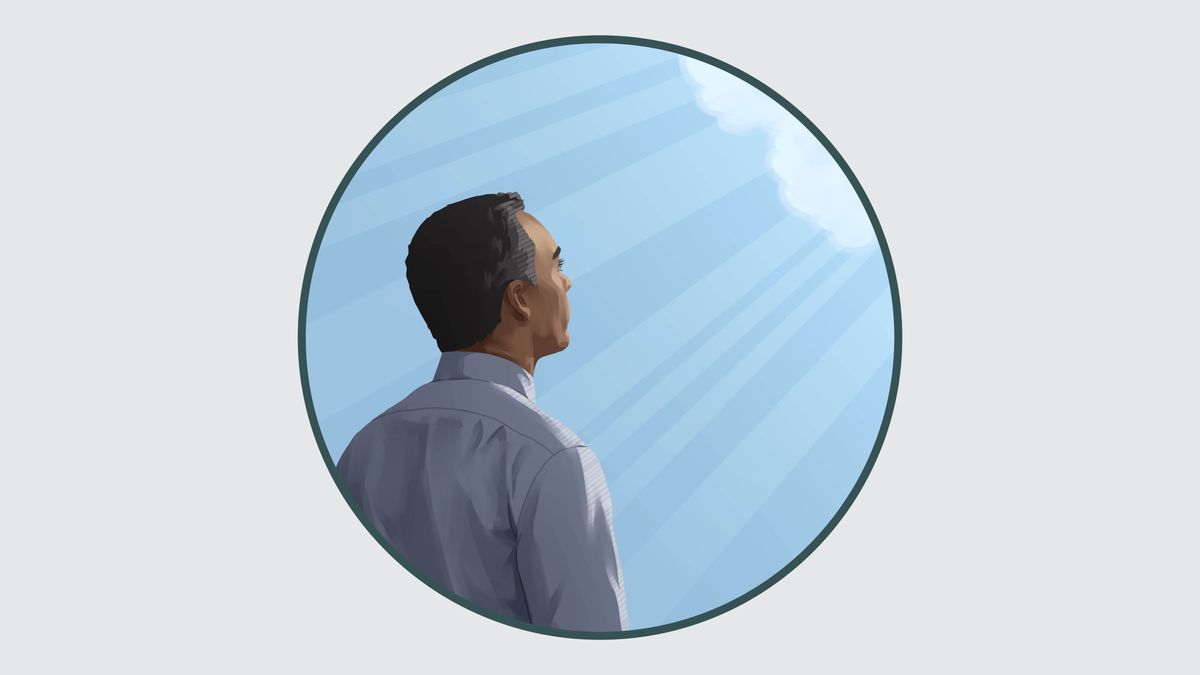 Một anh ngước lên trời.