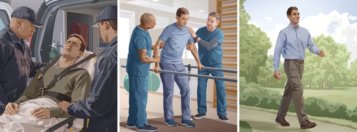 Hình ghép: Một anh bị thương dần hồi phục theo thời gian. 1. Các nhân viên y tế đưa anh vào xe cấp cứu. 2. Anh tập vật lý trị liệu để có thể đi lại. 3. Anh tự tin bước đi một mình.