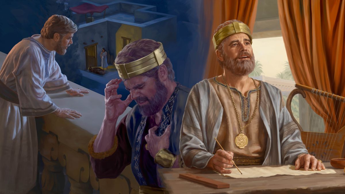 Hình ghép: 1. Vua Đa-vít đứng trên sân thượng nhìn Bát-sê-ba tắm. 2. Ông cầu nguyện tha thiết. 3. Ông suy ngẫm khi viết.