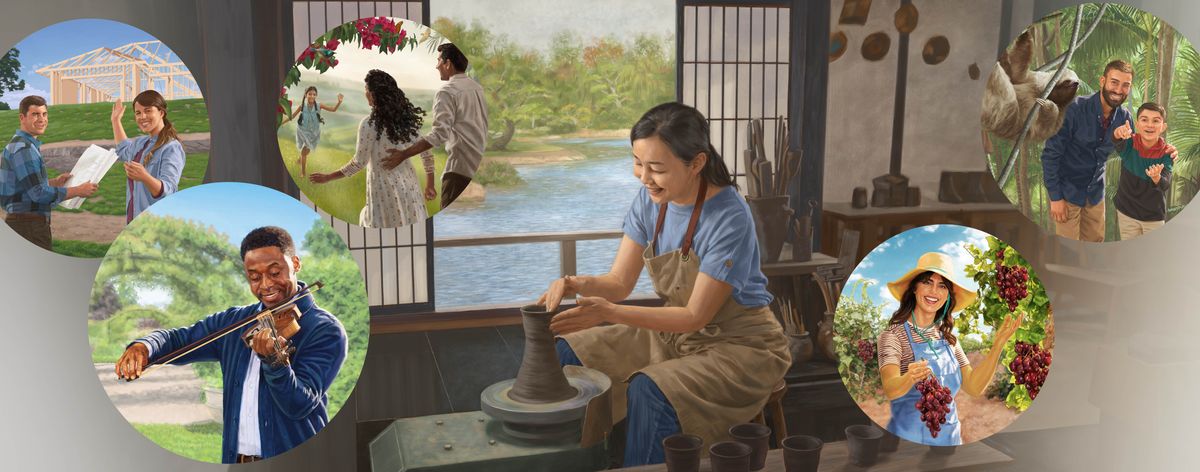 Hình ghép: Các anh chị vui hưởng đời sống trong địa đàng. 1. Một cặp vợ chồng xây nhà. 2. Một anh chơi vĩ cầm. 3. Một cặp vợ chồng chạy về phía con gái được sống lại. 4. Một chị nặn đất sét trên bàn xoay trong xưởng của mình. 5. Một chị thu hoạch các chùm nho. 6. Một người cha và con trai quan sát con lười trên cây.