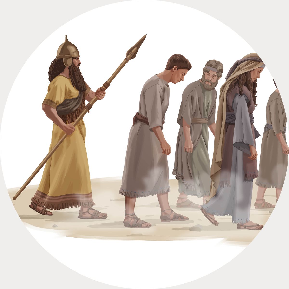 Một lính A-si-ri cầm giáo, bước đi phía sau một nhóm người Do Thái bị bắt giữ.