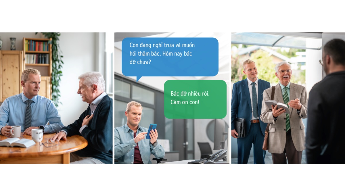 Hình ghép: Một trưởng lão trẻ thể hiện lòng quan tâm với một anh lớn tuổi trong hội thánh. Các cảnh được lặp lại trong chương này.