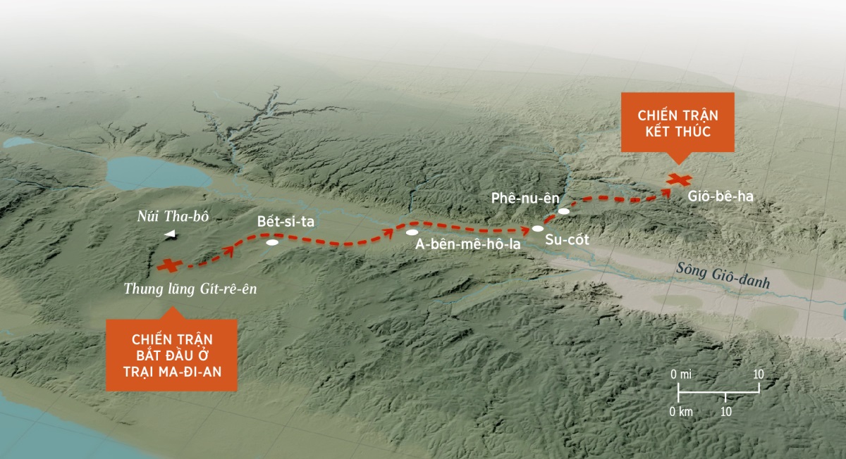 Bản đồ cho thấy vùng đất gồ ghề và quãng đường mà Ghi-đê-ôn và người của ông đã đuổi theo quân Ma-đi-an từ thung lũng Gít-rê-ên đến Giô-bê-ha.