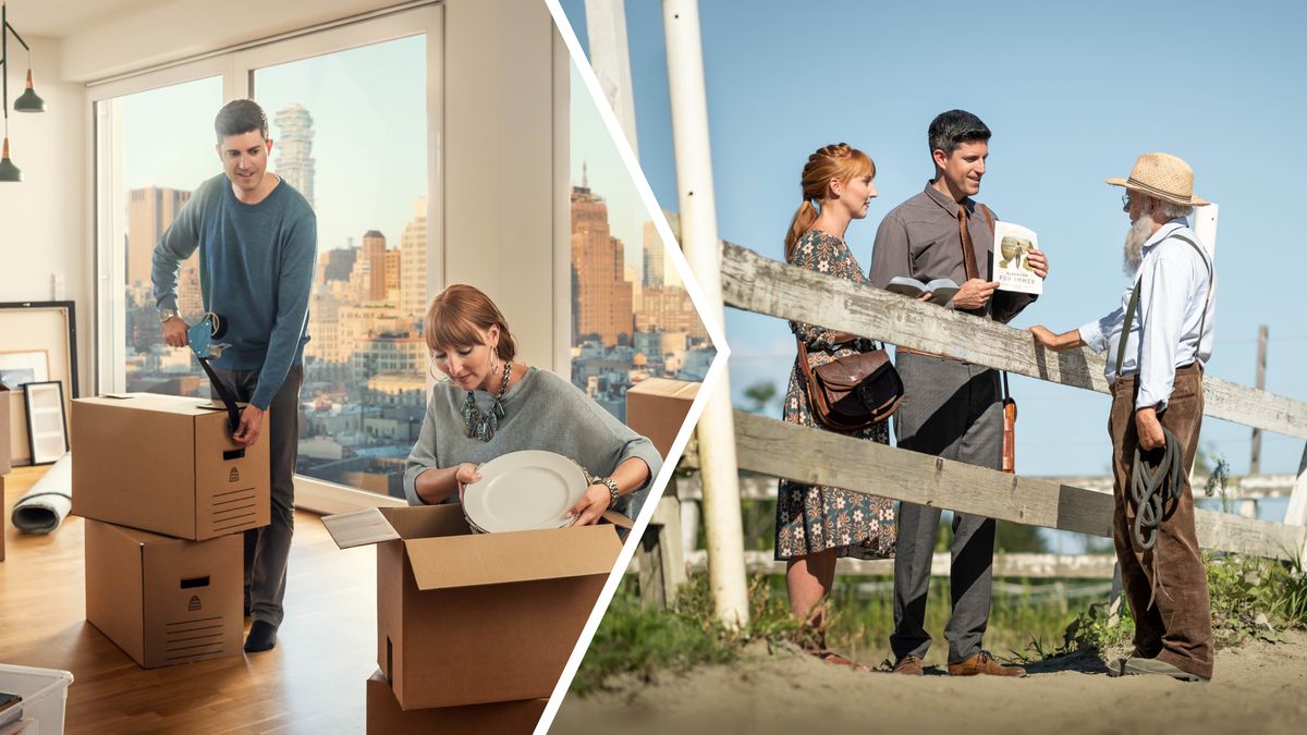 Hình ghép: 1. Một cặp vợ chồng vui vẻ đóng thùng đồ đạc và dọn ra khỏi căn hộ cao cấp, đầy tiện nghi ở thành phố. 2. Họ vui mừng rao giảng cho một người nông dân ở vùng nông thôn.