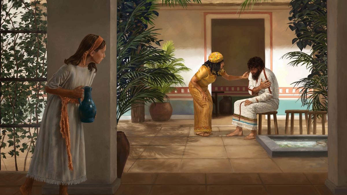 Bé gái người Y-sơ-ra-ên lén nhìn khi nấp sau cây cột trong nhà người bị phong cùi là Na-a-man. Em thận trọng quan sát trong khi vợ của Na-a-man cố an ủi ông.