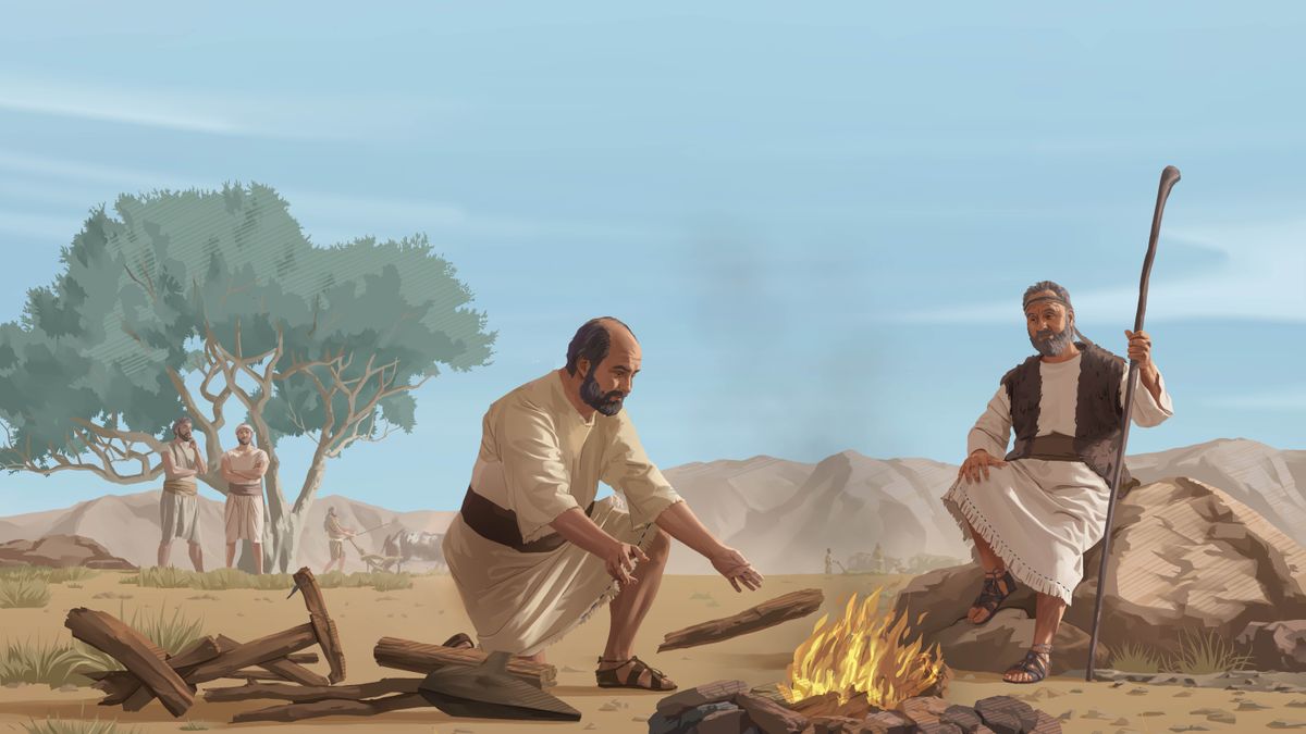 Ê-li-sê nhóm lửa, dùng cái cày của mình làm củi đun. Ê-li-gia ngồi trên một tảng đá gần đó quan sát Ê-li-sê.