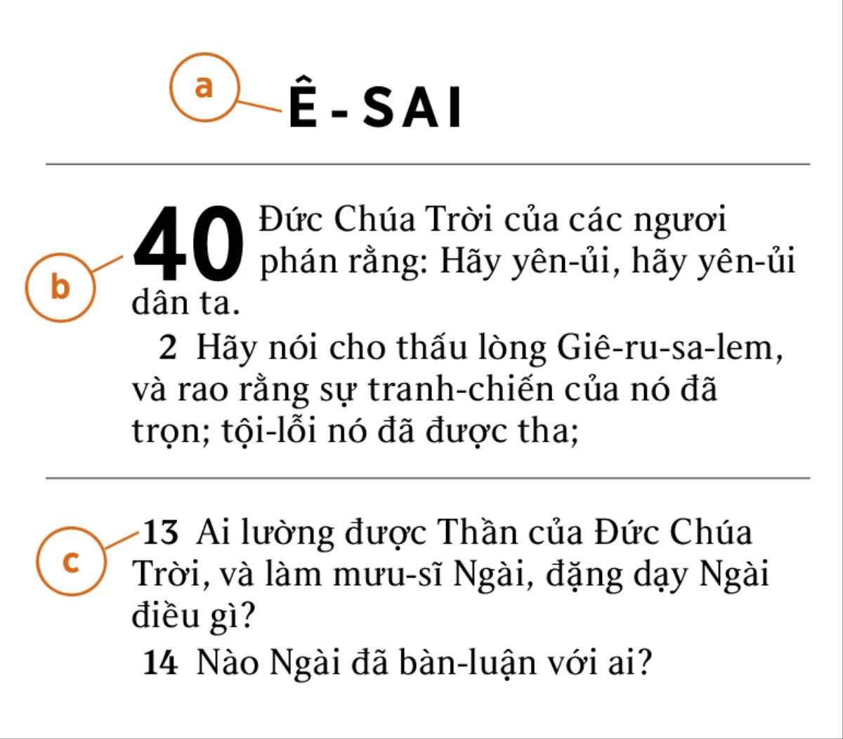 Một đoạn Kinh Thánh được làm nổi bật để cho thấy cách nhận ra a) sách trong Kinh Thánh, b) chương, và c) câu