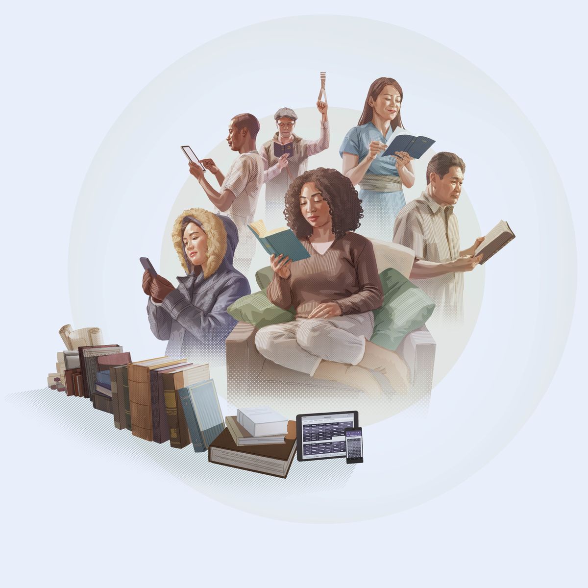 Những người đến từ nhiều nước khác nhau đang đọc Kinh Thánh. Một số cuốn Kinh Thánh dưới dạng bản in và những bản điện tử được xếp ở phía trước.