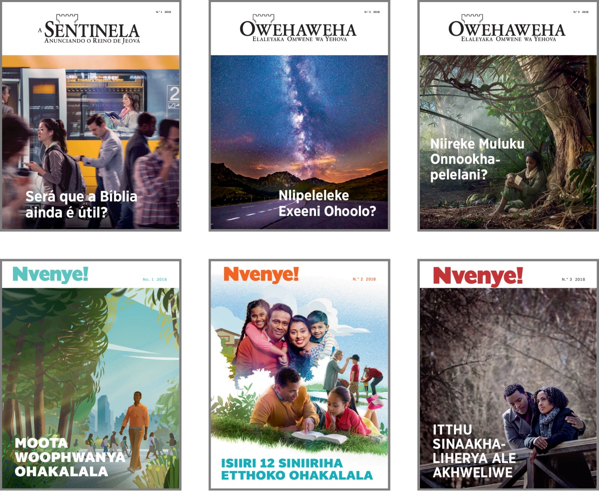Collage: Muulumeke nyaha sa irevista ‘Nwehereri ‘ ni ‘Nvenye!’ sa 2018. 1. ‘Será que a Bìblia ainda é últil?’ 2. ‘Nlipeleleke Exeni Ohoolo?’ 3. ‘Niireke Muluku Onnookhapelelani?’ 4. ‘Moota Woophwanya Ohakalala.’ 5. ‘Isiiri 12 Siniiriha Etthoko Ohakalala.’ 6. ‘Itthu Sinaakhaliherya Ale Akhweliwe .’