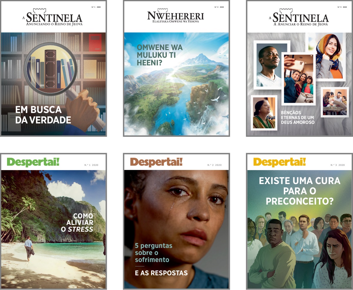 Collage: Muulumeke nyaha sa irevista ‘Nwehereri’ ni ‘Nvenye!’ sa 2020. 1. ‘Em busca da verdade.’ 2. ‘Omwene wa Muluku ti heeni?’ 3. ‘Bençãos eternas de um Deus amoroso .’ 4. Como aliviar o ‘stress’ 5. ‘5 Perguntas sobre o sofrimento e as respostas.’ 6. ‘Is There a Cure for Prejudice?’