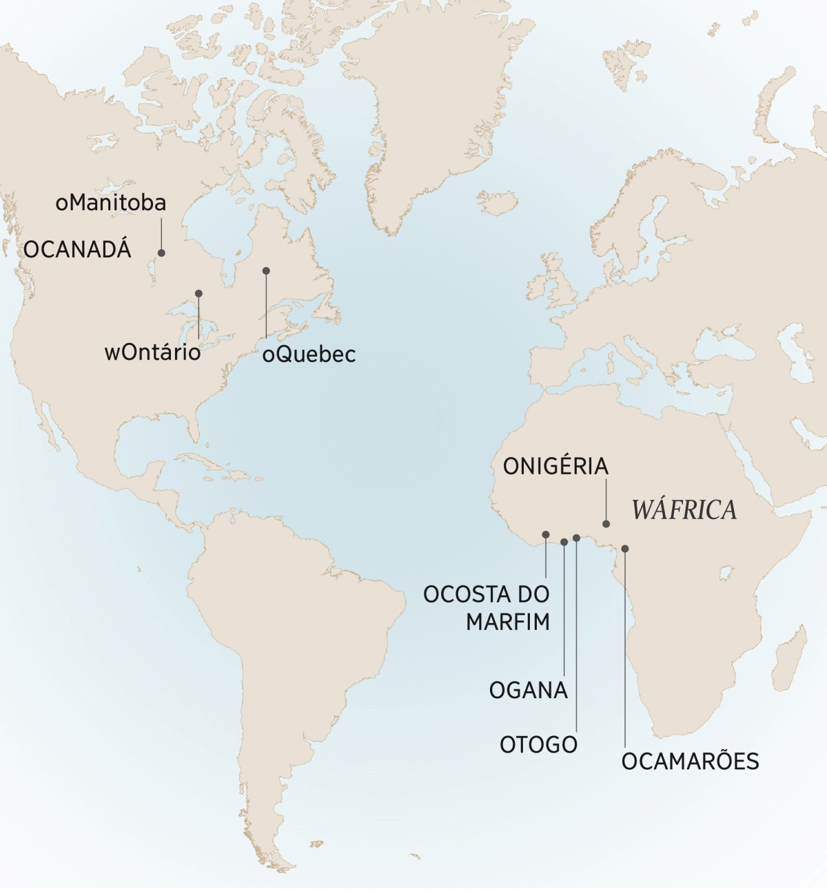 Maapa mamoha yooniheraka mapuro makina André aakhalaawewo ni aavaraawewo: oManitoba, wOntário, ni oQuebec, oCanada; oCamarões, oCosta do Marfim, oGana, oNigéria, ni oTogo, wÁfrica.