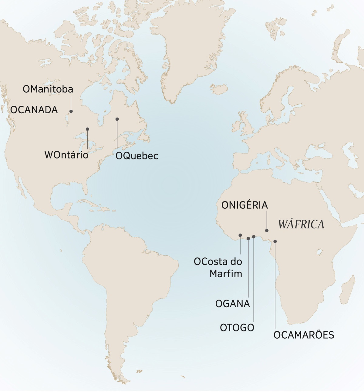 Maapha anooniherya mapuro munna André aakhala awe ni aarumeela awe: OManitoba, wOntario, ni oQuebec, oCanada; OCamarões, oCosta do Marfim, oGana, oNigéria, ni oTogo, wÁfrica.